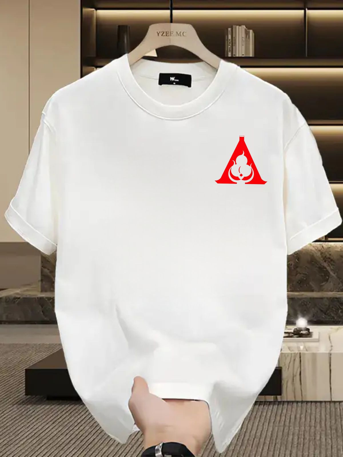 Summer New Short-sleeved T-shirt, Men's Red Triangle Hollow Totem Creative Printing Half-sleeved Youth Trend Versatile Casual Loose Base_viptrois.com