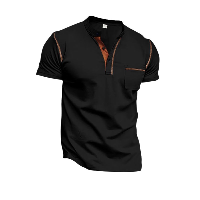 Men's Clothing Summer New Men's Henley Shirt Short Sleeve Striped Splicing Casual Sports Men's Short Sleeve_viptrois.com