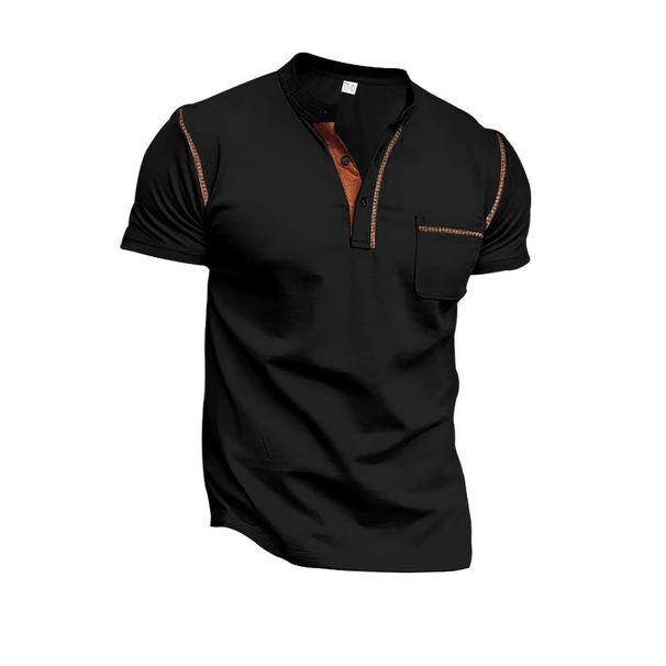 Men's Clothing Summer New Men's Henley Shirt Short Sleeve Striped Splicing Casual Sports Men's Short Sleeve_viptrois.com