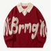 Pure Two-Piece Turn-Down Collar College Loose Casual Color Block Versatile Lazy Autumn Winter Letter Design Sweater_viptrois.com
