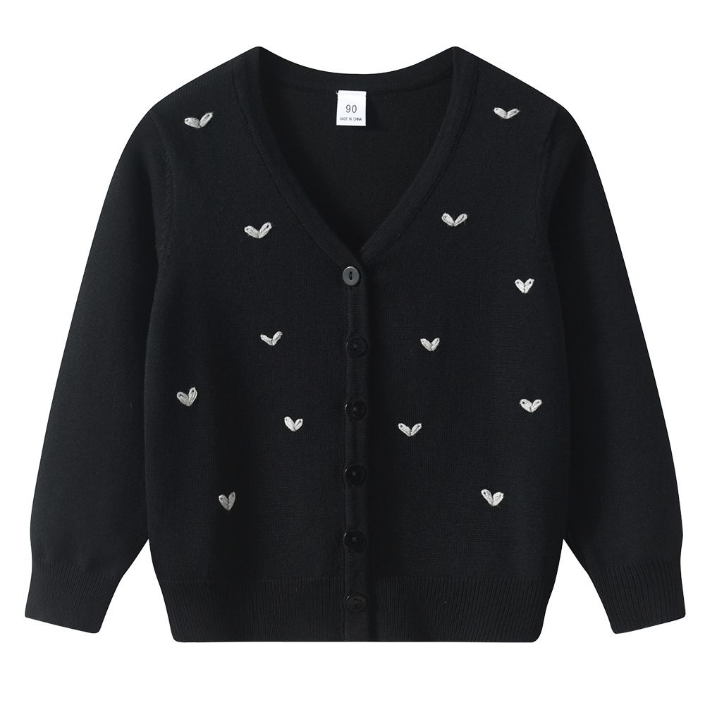 Mother & Kids Girls' Knit Cardigan With Heart Embroidery - Lightweight Summer & Spring Outerwear For Kids (90-160cm, Pearl White/Black)_viptrois.com