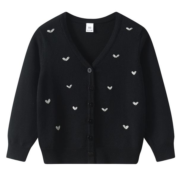 Mother & Kids Girls' Knit Cardigan With Heart Embroidery - Lightweight Summer & Spring Outerwear For Kids (90-160cm, Pearl White/Black)_viptrois.com