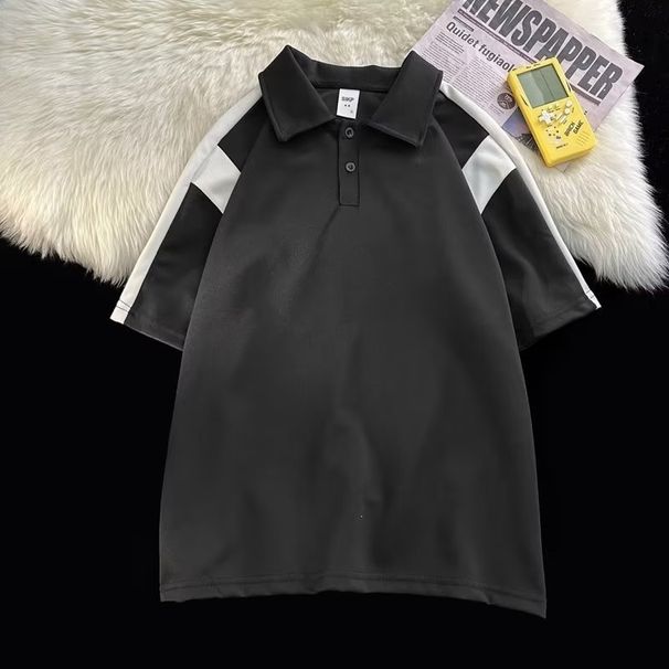 Men's Summer Thin Color Block Polo Shirt Short Sleeve Casual Trendy Brand Badass Style Turn down T-Shirt for Fashion Students_viptrois.com