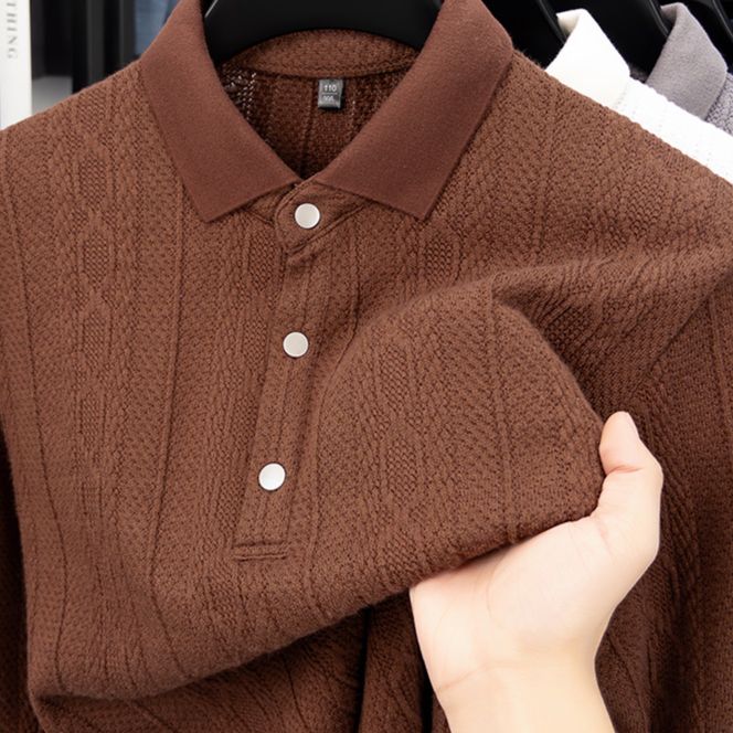 Men's Long-Sleeve Polo Shirt With Jacquard Knit - Premium Textured Business Casual Top For Autumn_viptrois.com