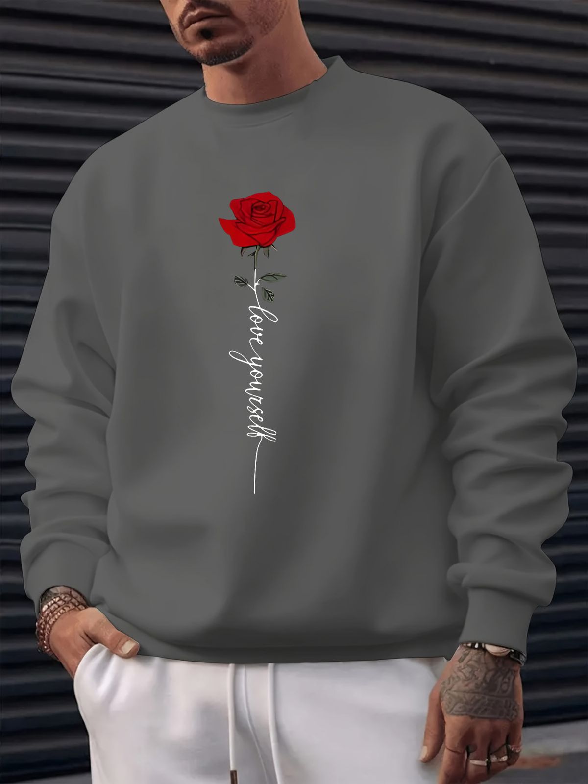 Men's Loose Casual Fashionable Rose And Letter Printed Round Neck Long Sleeved Sweatshirt For Autumn And Winter_viptrois.com
