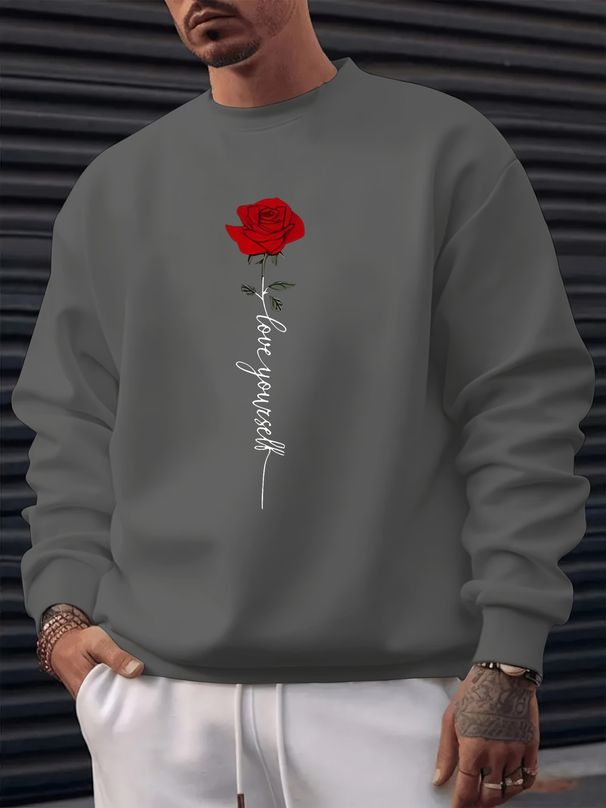 Men's Loose Casual Fashionable Rose And Letter Printed Round Neck Long Sleeved Sweatshirt For Autumn And Winter_viptrois.com