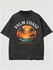 Summer New Washed Short-sleeved T-shirt, Men's Retro Palm Coast Miami Beach Sunset Print Youth Loose Casual Street Tee_viptrois.com