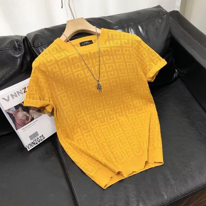 Summer Men's Hollow Knitted Short Sleeve T-shirt Men's Fashion Brand Ice Silk Round Neck Thin Solid Color Half Sleeve Summer Men's T-shirt_viptrois.com