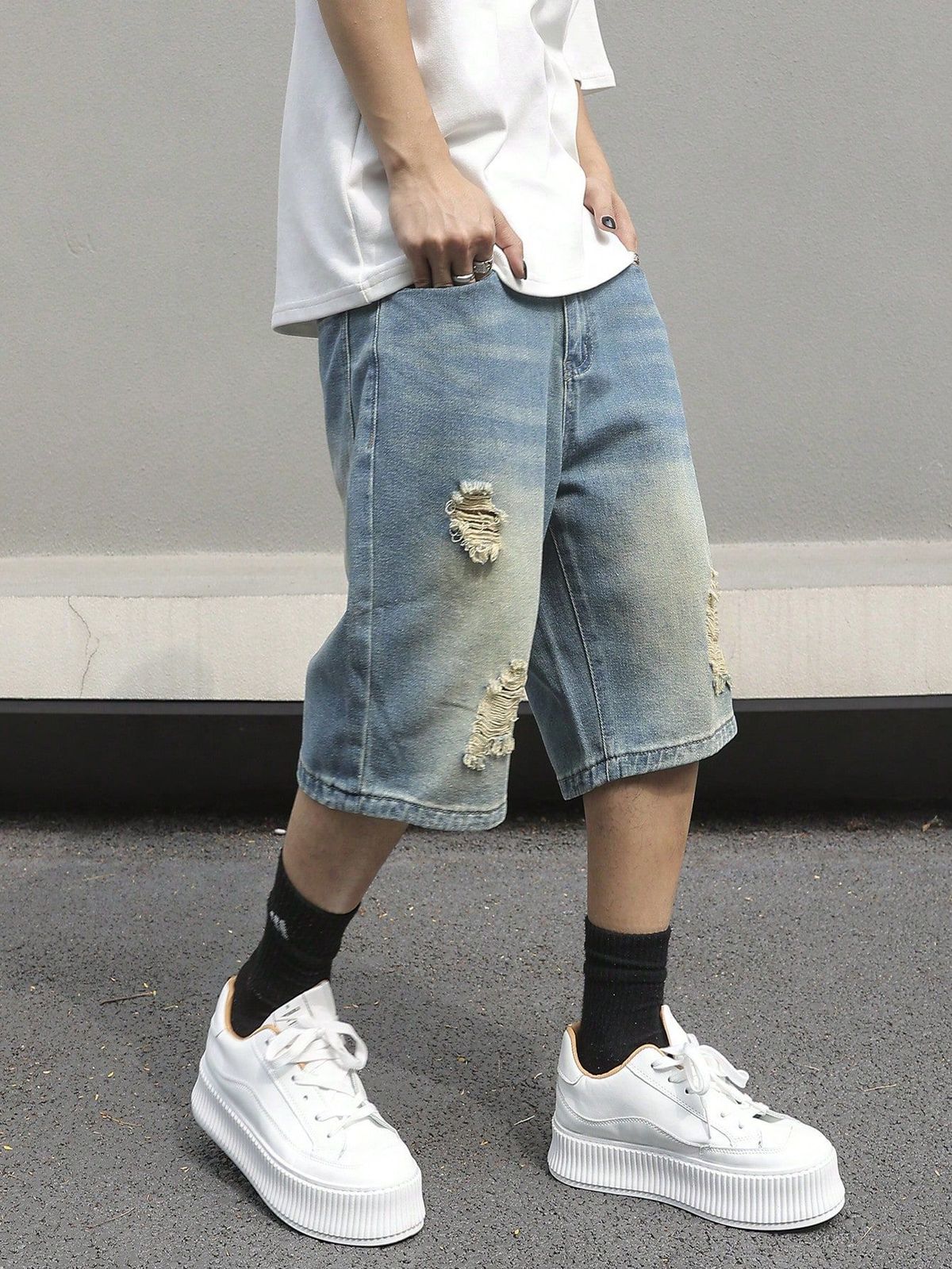 Men's Clothing American Style Washed Distressed Denim Shorts Summer Loose Fit Plus Size Retro Casual Five Point Pants_viptrois.com