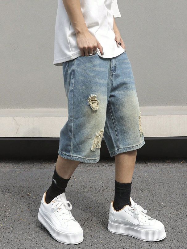 Men's Clothing American Style Washed Distressed Denim Shorts Summer Loose Fit Plus Size Retro Casual Five Point Pants_viptrois.com