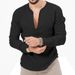 Men's Clothing men's spring and summer large size casual tropical cotton and linen deep v neck solid color large size long sleeved T shirt shirt_viptrois.com