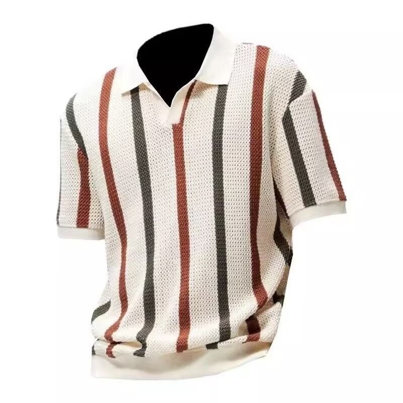 Men's Clothing Short Sleeved Sweater Men's Hollow Striped Contrast Color Slim Fit Business T Shirt_viptrois.com