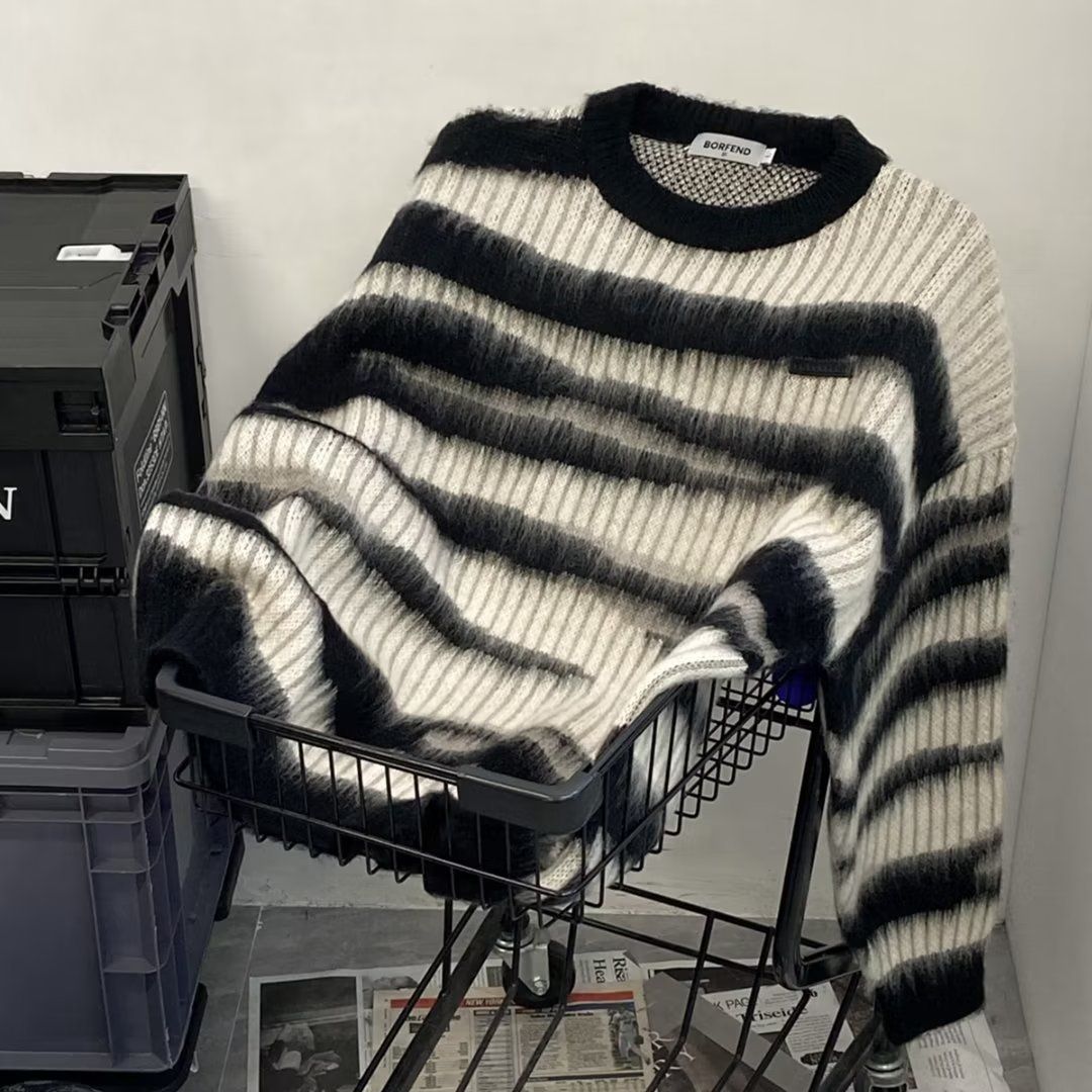 Men's Oversized Color Block Knit Sweater - Retro Striped Pullover, Unisex Casual Crewneck Jumper For Winter (Black/Blue)_viptrois.com