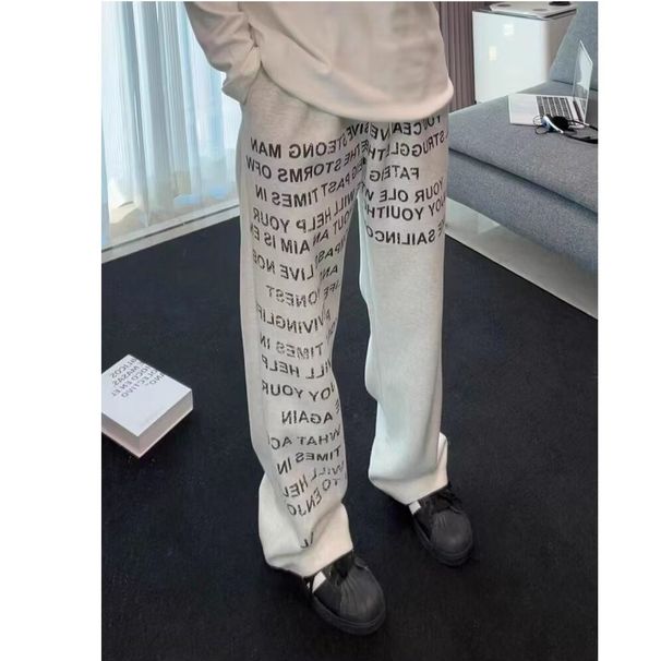 2025 American Retro Letter Slogan Graffiti Men's And Women's Autumn Stylish Straight Leg Casual Stacked Pants_viptrois.com