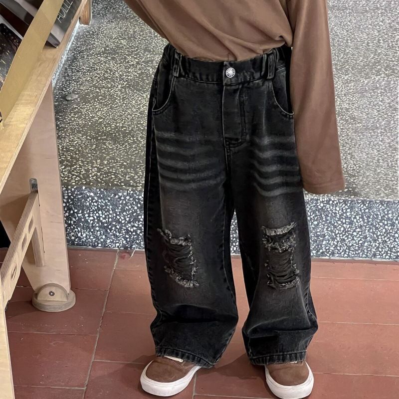 24 Spring New Small And Medium Sized Children's Boys Korean Children's Clothing Sand Washed Old Soft Hole Black Loose Jeans Trousers_viptrois.com