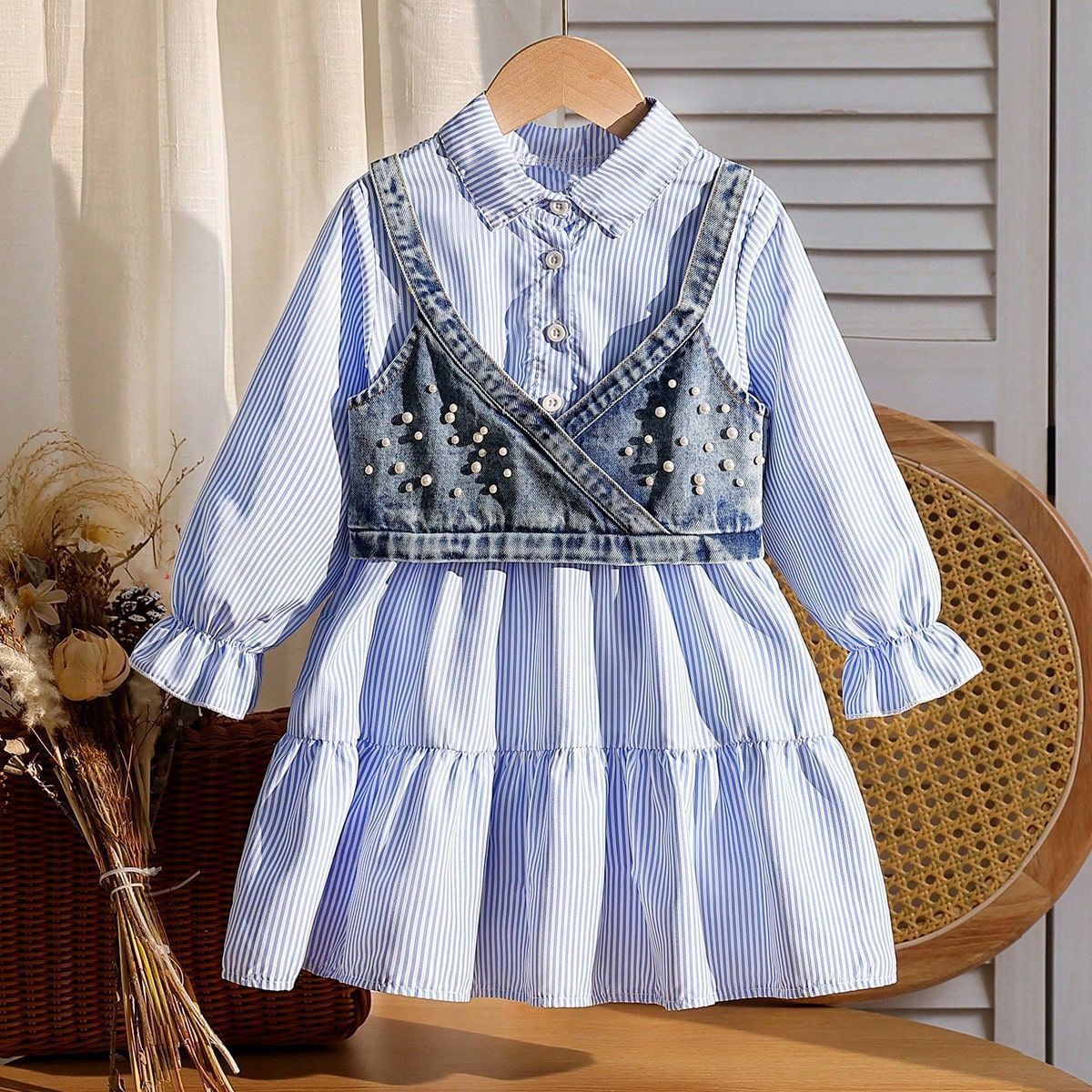 2025 Cross Border Spring New Shirt Lapel Dress + Denim Beaded Vest Two Piece Set_viptrois.com