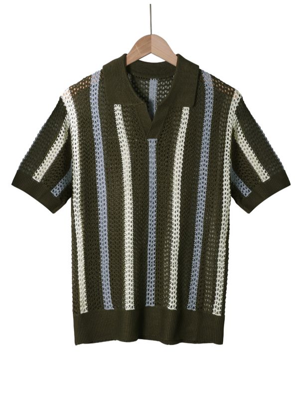 Men's Summer Short Sleeve T-Shirt - Geometric Color Block Striped Casual Knit Top, Relaxed Fit, Breathable Polyester Blend_viptrois.com