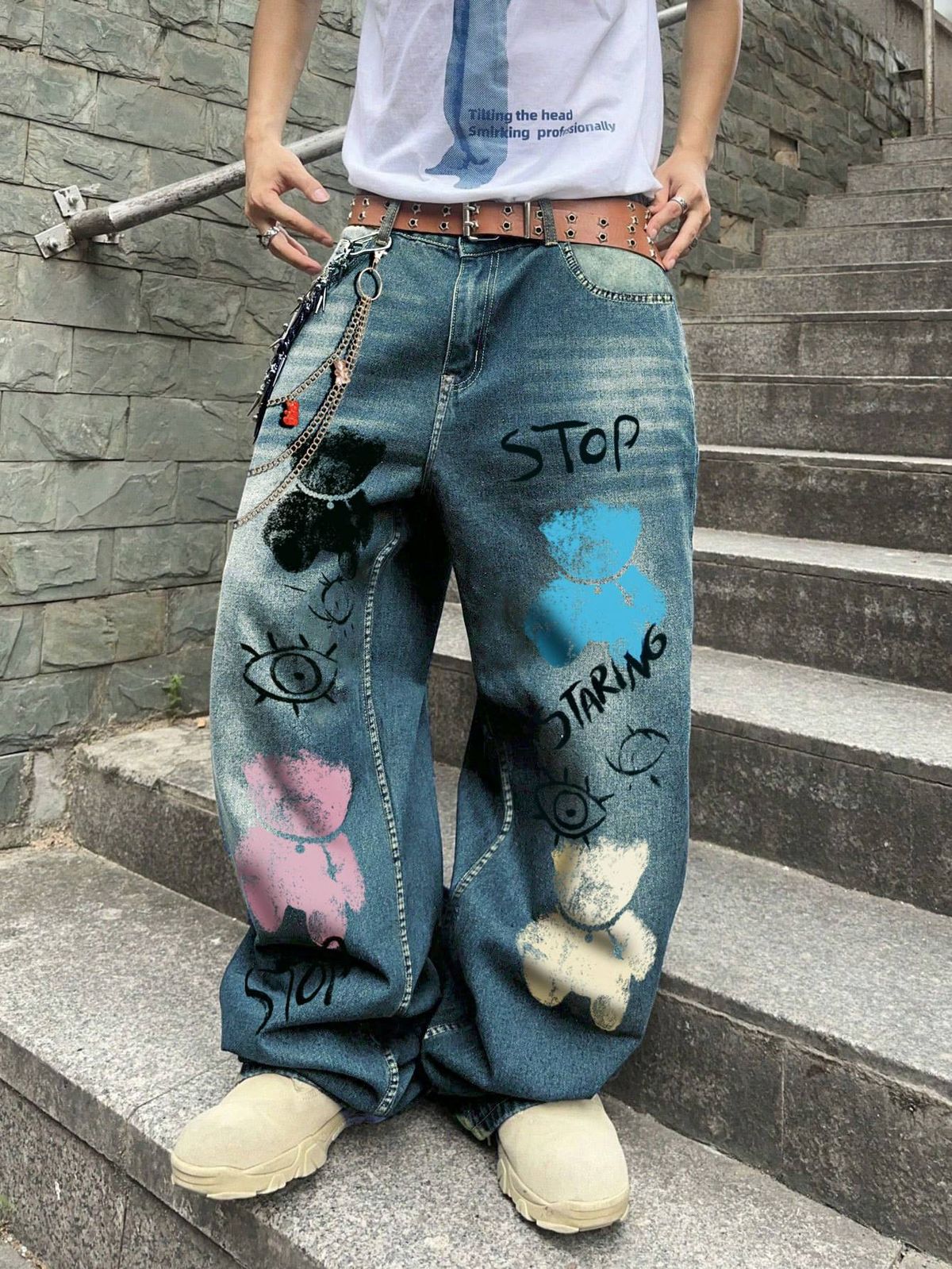 Men's Clothing Simple Loose Straight Jeans Wide Leg Ripped Handsome Denim Straight Pants_viptrois.com