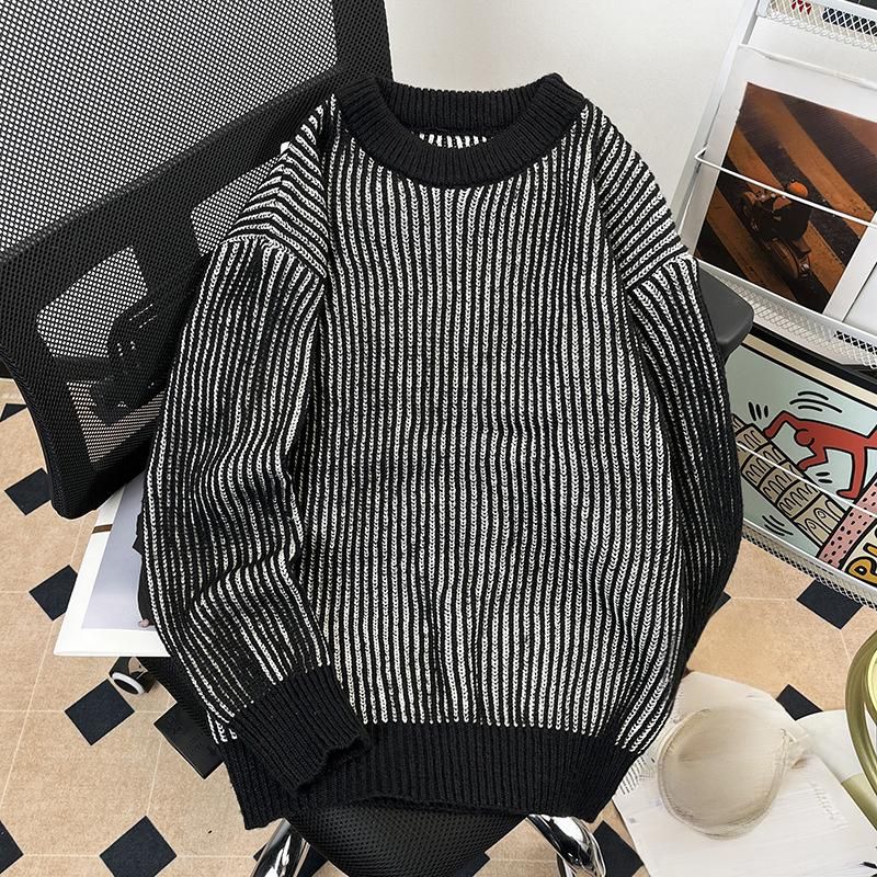 Men's Clothing Sweater Round Neck Sweater Japanese-Inspired Striped Knit Sweater - Unisex Oversized Crewneck Pullover For Casual & Streetwear (M-3XL)_viptrois.com