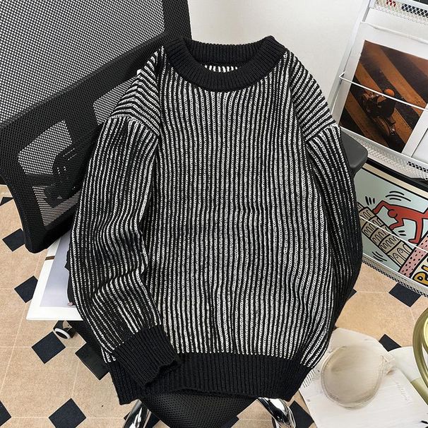 Men's Clothing Sweater Round Neck Sweater Japanese-Inspired Striped Knit Sweater - Unisex Oversized Crewneck Pullover For Casual & Streetwear (M-3XL)_viptrois.com