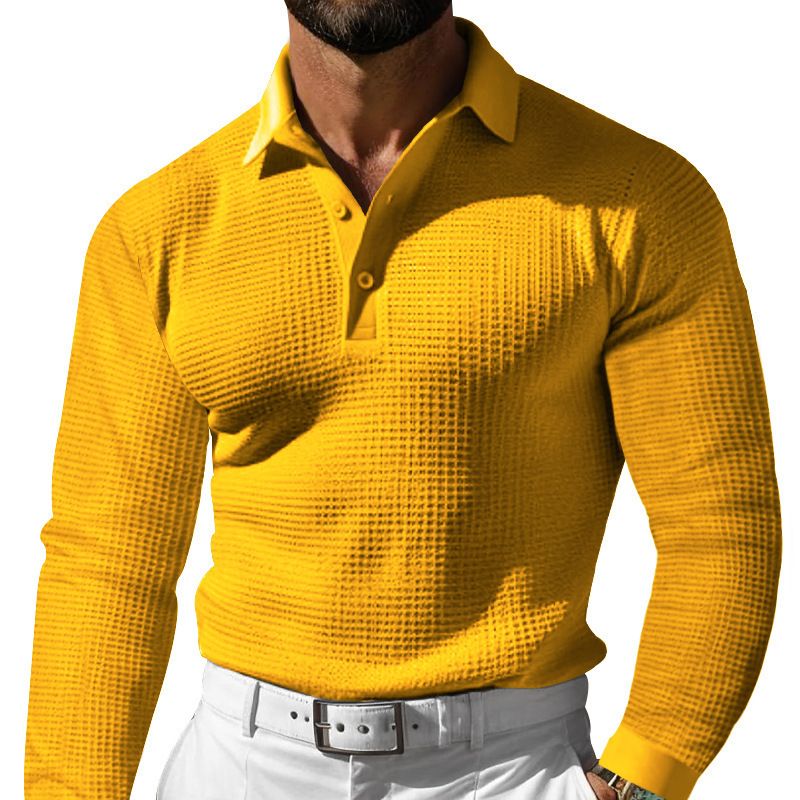 Men's Clothing Waffle Lapel Button Long Sleeve Polo Shirt Holiday Casual T Shirt_viptrois.com