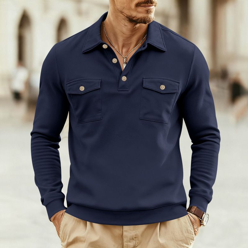 Men's Long Sleeve Shirt – Multi-Pocket Casual Pullover With Collar (S-XXXL, Navy/Black/Army Green/Denim Blue/Light Grey/Dark Grey)_viptrois.com