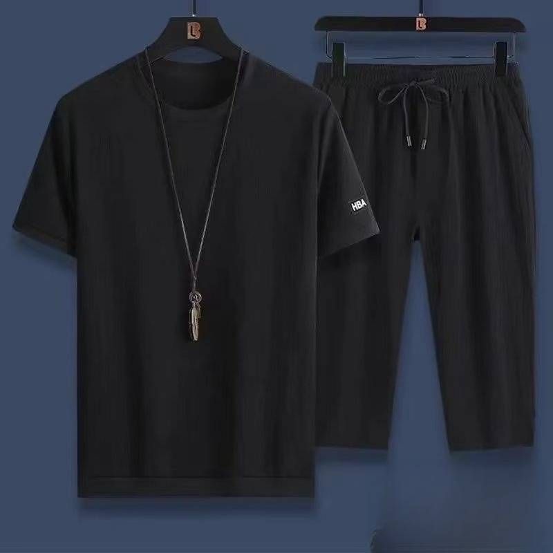 Men's Clothing Casual Sports Suit Breathable Short-Sleeved T-Shirt Cropped Pants Two-Piece Suit_viptrois.com