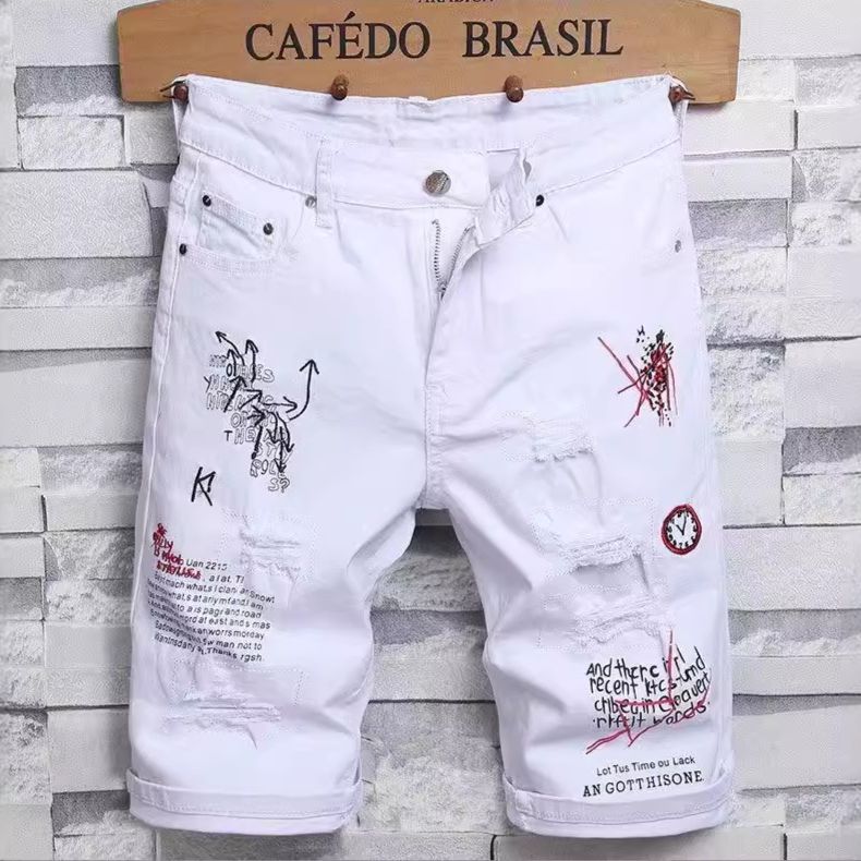Men's Clothing White Ripped Jeans Men's Loose Casual Summer New Style Five Point Pants Men's Shorts Trendy Mid Length Pants_viptrois.com