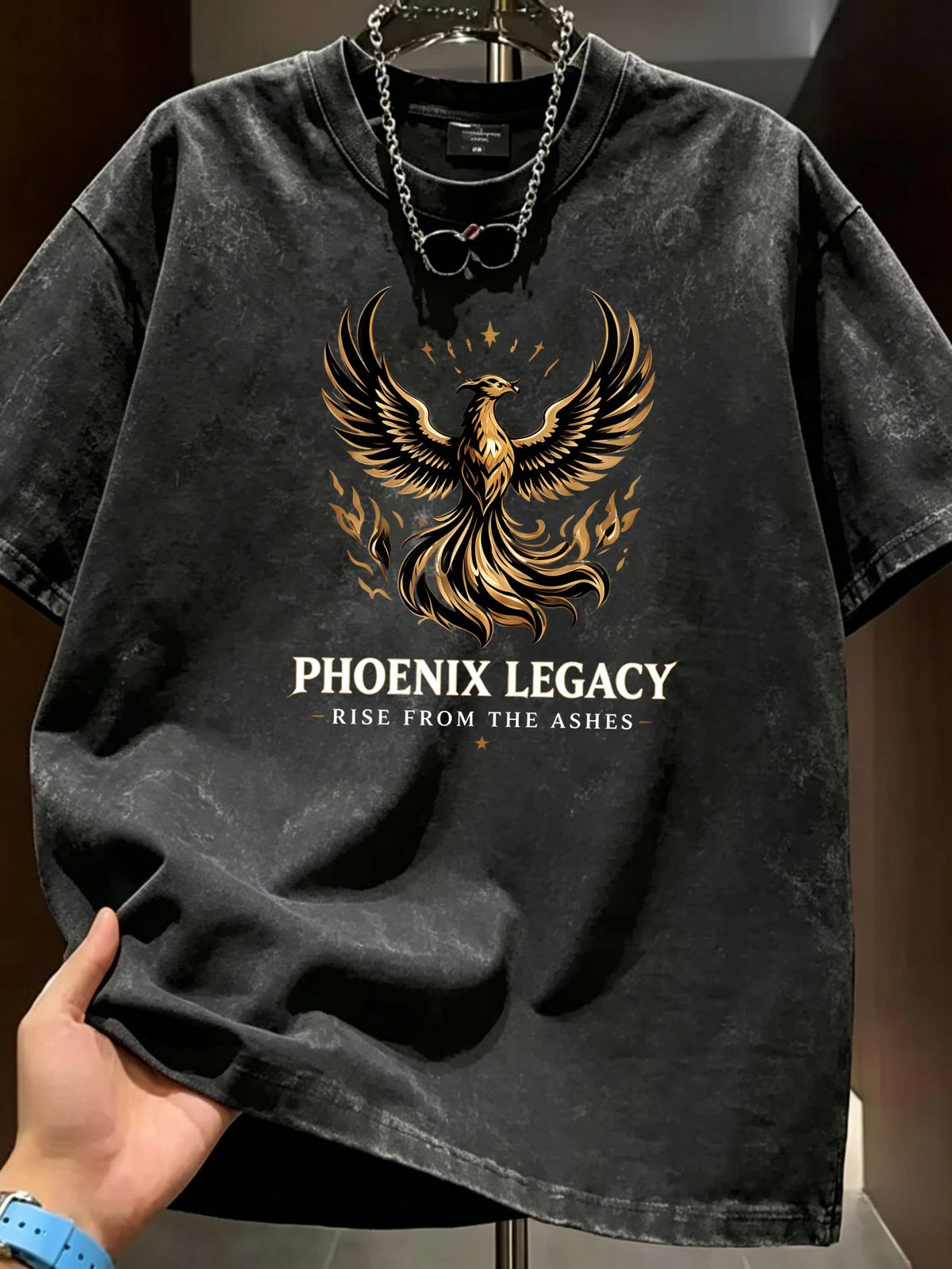 Summer Washed Cotton T-Shirt, Men's Phoenix Legacy Print, Retro Mythical Style, Casual Oversized Tee_viptrois.com
