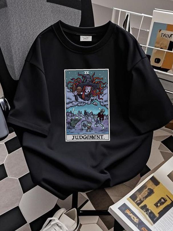 Judgement Tarot Card T Shirt Halloween Witch Witchcraft Necrocy Zombie Gothic Summer Slightly Graphic Stylish Breathable Versatile Soft Streetwear_viptrois.com