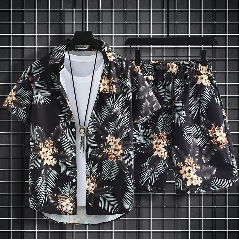 Men's Clothing Hawaiian Flower Shirt Men's Loose Large Size Beach Shirt Suit Couple Retro Suit_viptrois.com