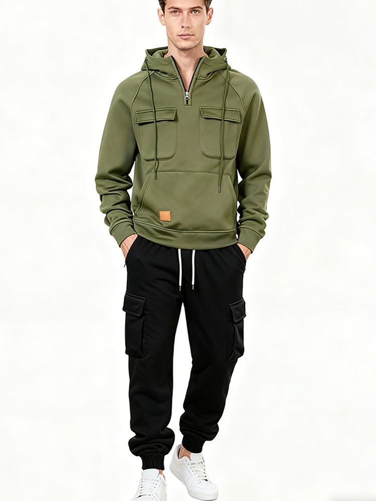 Men's Retro Zip-Up Hoodie & Jogger Set - Fleece-Lined Polyester With Multi-Pocket Design For Streetwear & Gym( M-XXXXL)_viptrois.com