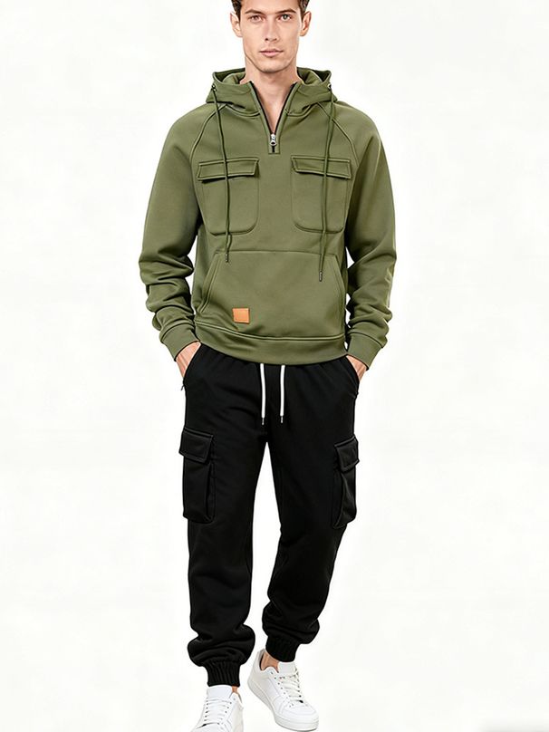 Men's Retro Zip-Up Hoodie & Jogger Set - Fleece-Lined Polyester With Multi-Pocket Design For Streetwear & Gym( M-XXXXL)_viptrois.com