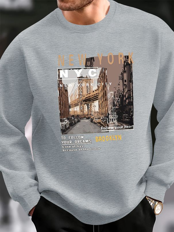 Men's Loose Casual Fashionable New York City Pattern Printed Round Neck Long Sleeved Sweatshirt For Autumn And Winter_viptrois.com