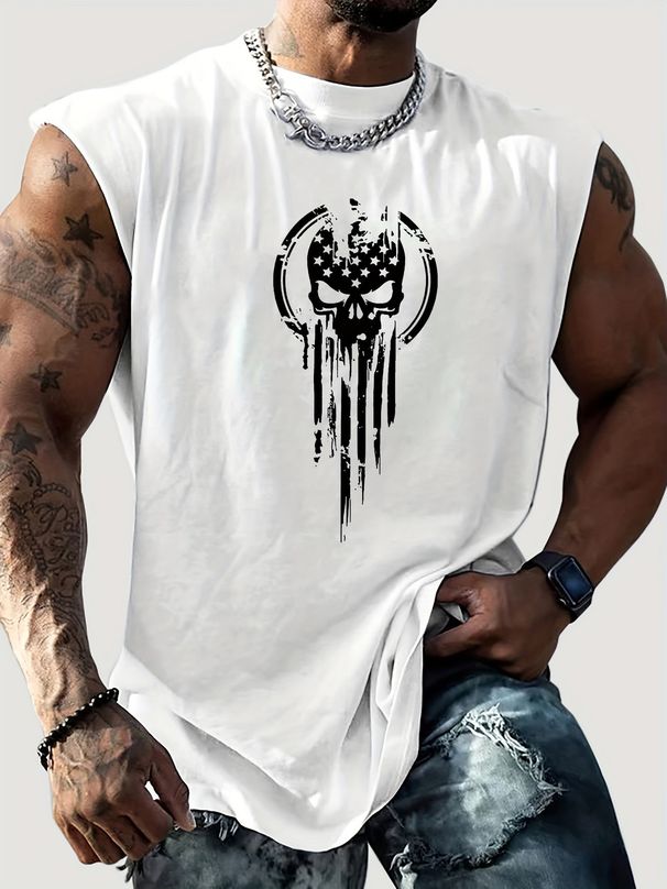 100% Pure Cotton Men's Summer Casual Sports Fitness Loose Skeleton And American Flag Pattern Printed Breathable Round Neck Sleeveless Vest_viptrois.com