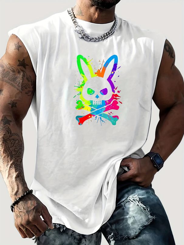 100% Pure Cotton Men's Summer Casual Sports Fitness Loose Skeleton Rabbit Pattern Printed Breathable Round Neck Sleeveless Vest_viptrois.com