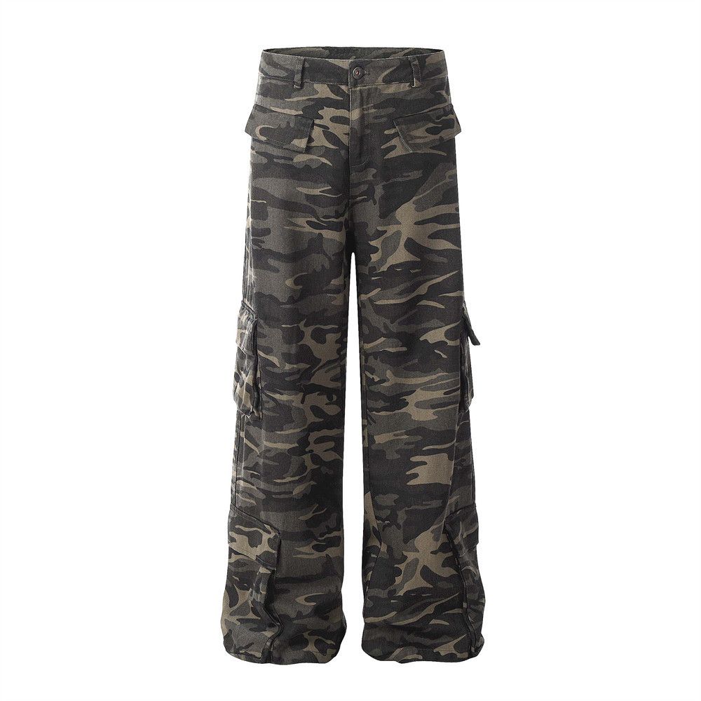 Loose Wide-Leg Camouflage Cargo Men Multi-Pocket Design Sense Denim Straight-Leg Pants High Street Vibe Trend_viptrois.com