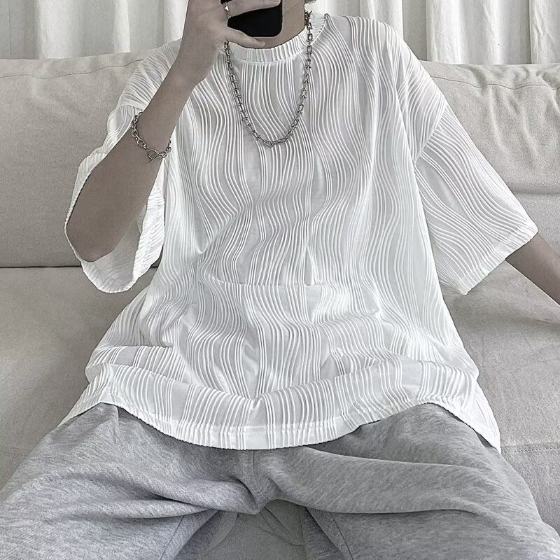 Men's Clothing Ice Silk Textured Short Sleeved Water Ripple Trendy Half Sleeved T Shirt_viptrois.com