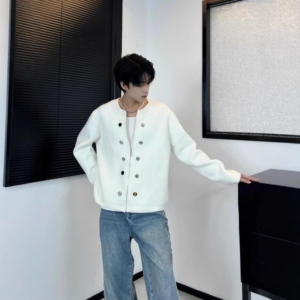 Zipper round neck versatile sweater for spring and autumn, new solid color knitwear, fashionable trendy brand woolen jacket_viptrois.com