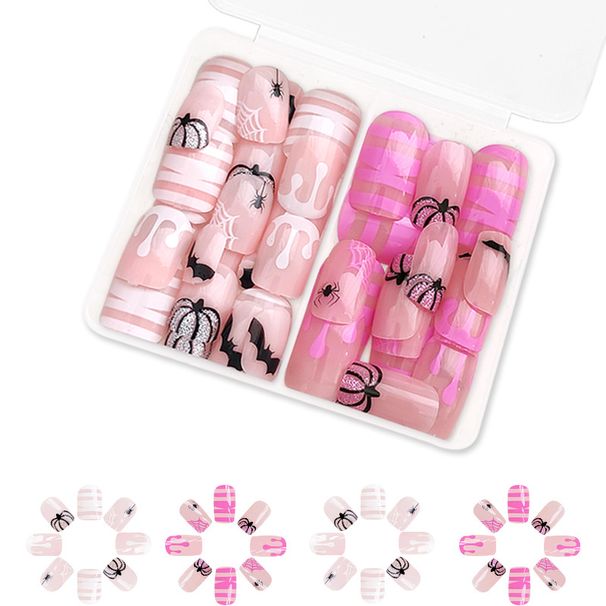 Short Gloss Square Armor Halloween Cobweb Ghost Pumpkin Glitter Stripe Fashion Wear Manicure Combination 48 Pieces_viptrois.com