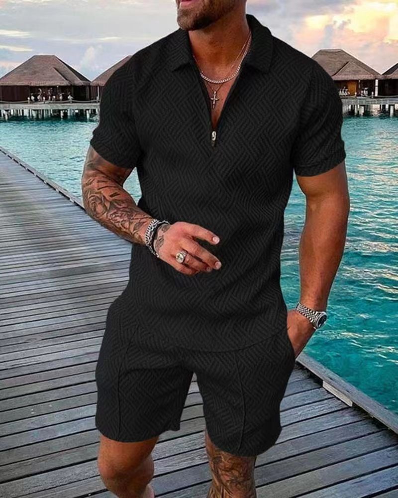 Men's Casual Short Sleeve Polo Set - Zipper Lapel Shirt & Matching Shorts | Solid Color Summer Outfit_viptrois.com