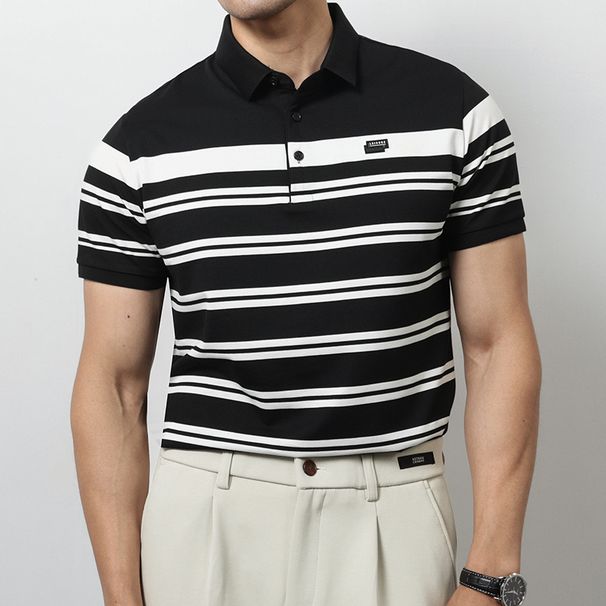 Xiaohongshu Blogger Wears Summer Clothes New Men's Lapel Striped POLO Shirt Urban Casual Short-sleeved Polo Shirt Cotton_viptrois.com