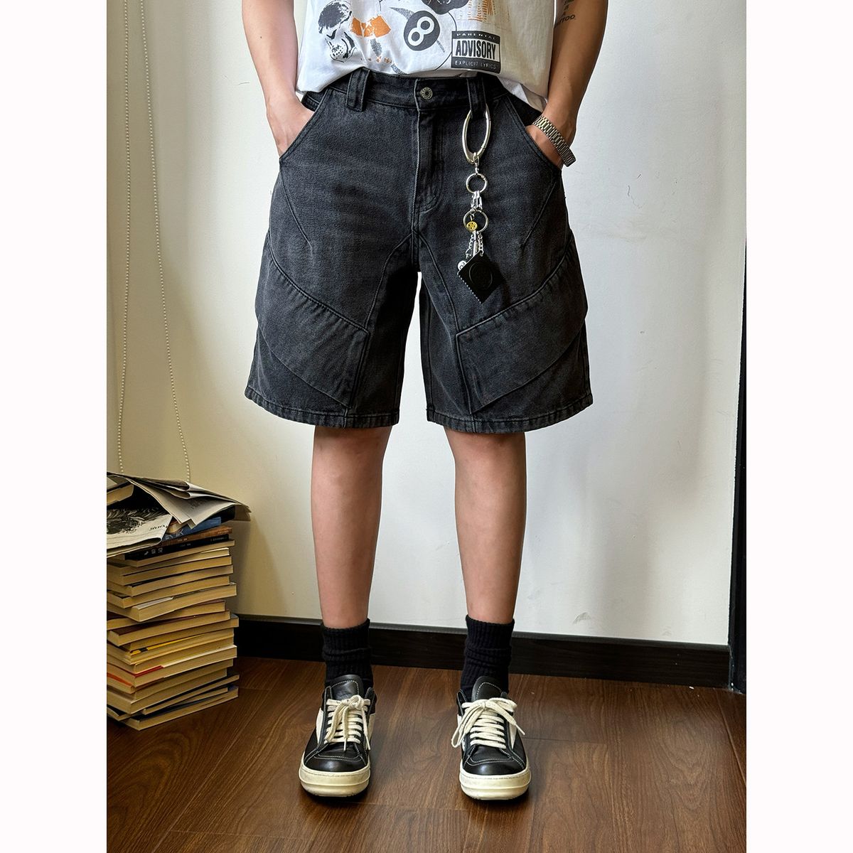 Men's Clothing Distressed Washed Elastic Denim Shorts Niche Deconstructed Design Yellow Mud Dyed Loose Versatile Shorts_viptrois.com