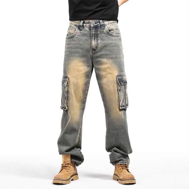 Tall Extended Version American Multi-pocket Tooling Jeans Men's Wide-leg Loose High Street Trendy Brand Heavy Large Size_viptrois.com