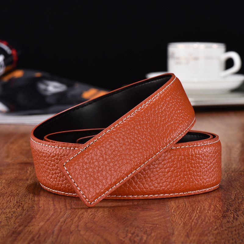 Men's Genuine Leather Belt, Lychee Pattern Smooth Buckle Belt, Cowhide Perforated Belt, No Buckle_viptrois.com