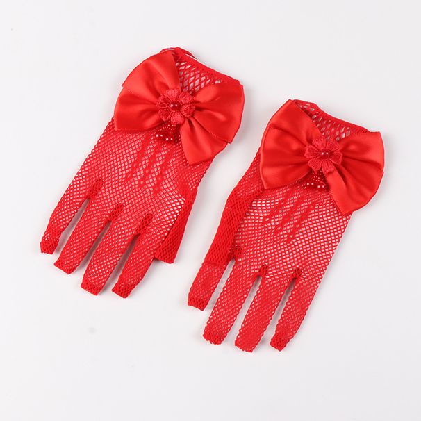 Girl's White Bridal Wedding Children's Princess Gloves Lace Elastic Fishing Net Finger Bow Child_viptrois.com
