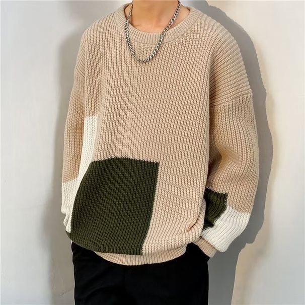 Sweater, men's fashion brand, contrasting color, loose inner layer, base knit sweater, autumn and winter new styles, men's casual clothes_viptrois.com