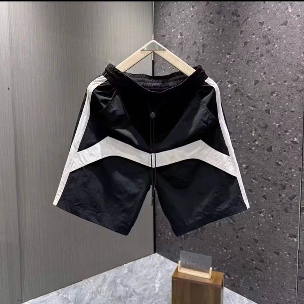 Men's Color Blocked Ice Silk Shorts Quick Drying Trendy Elastic Waist Drawstring Sporty Casual Five Point Pants Summer Bottoms_viptrois.com