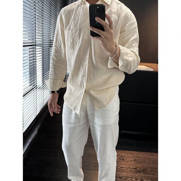 Linen Casual Lightweight Breathable Youth Artistic Style Fashionable Solid Color High-end Men's Long Sleeved Shirt_viptrois.com