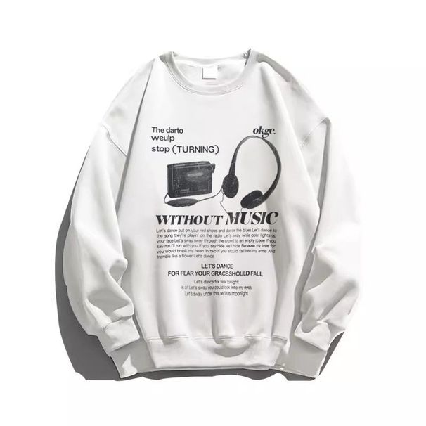American Heavy Cotton Retro Loose Earphones Printed Letter Crew Neck Sweater 2024 Autumn High Street Trendy Top_viptrois.com